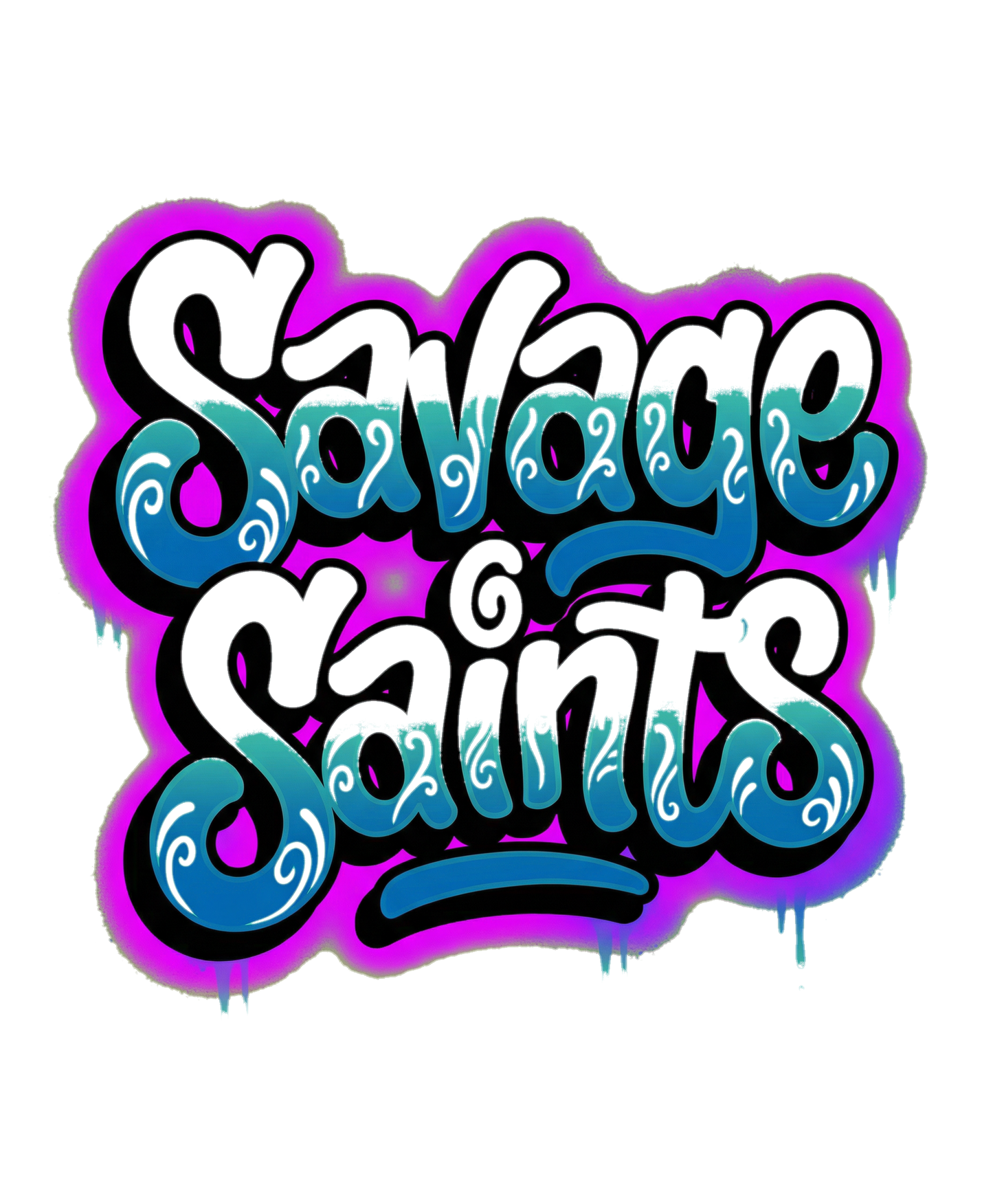 Savage Saints Hoodie — Teal & Purple Graffiti Script Streetwear Pullover